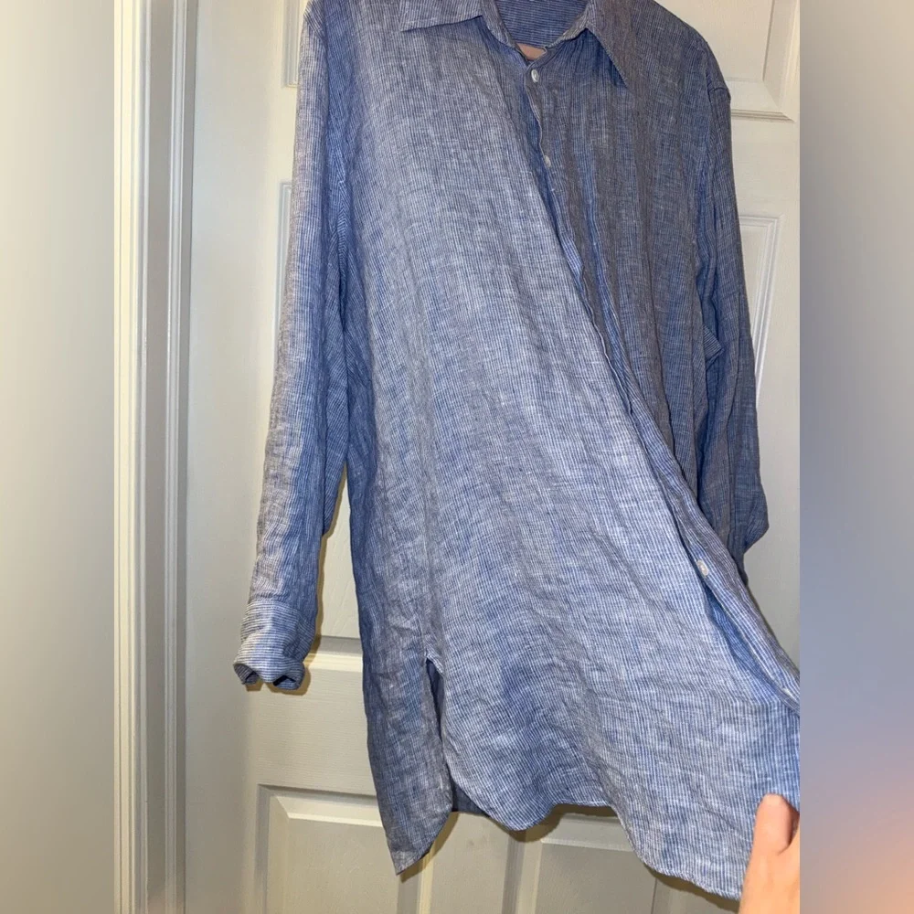 ZARA Oversized Button-Up Shirt - Blue/White Striped - 100% Linen - Size L - Picture 4 of 9
